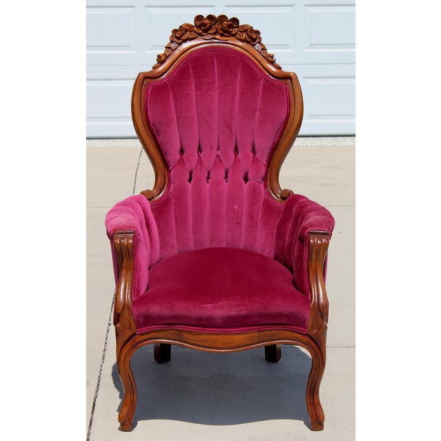 Victorian Vintage Victorian Revival Mahogany His & Hers Parlor Chairs Red Velvet Pair For Sale - Image 3 of 18