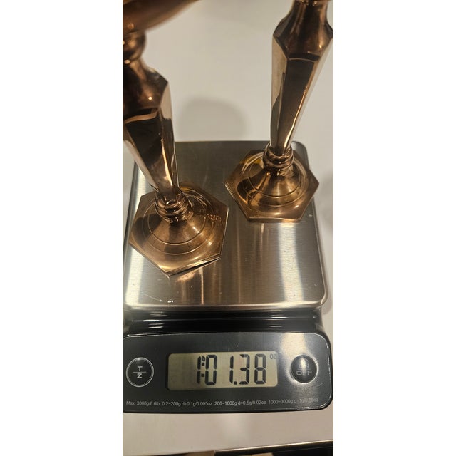 Vintage Brass Candlestick Holders – Faceted Stem With Hexagonal Base – Pair For Sale In Philadelphia - Image 6 of 6