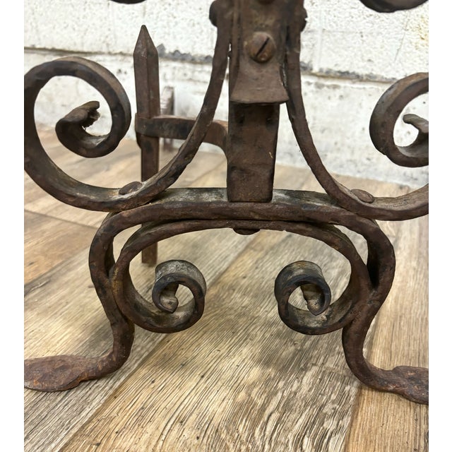 Vintage Hand Forged Scrolled Wrought Iron Fireplace Andirons Fire Dogs For Sale - Image 4 of 8