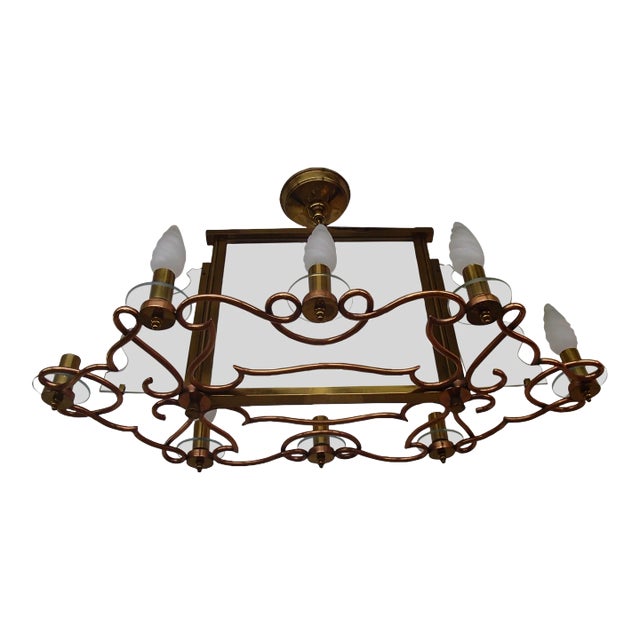 Large Art Deco Brass, Copper & Bricked Glass 8-Flame Ceiling Lamp, 1940s For Sale