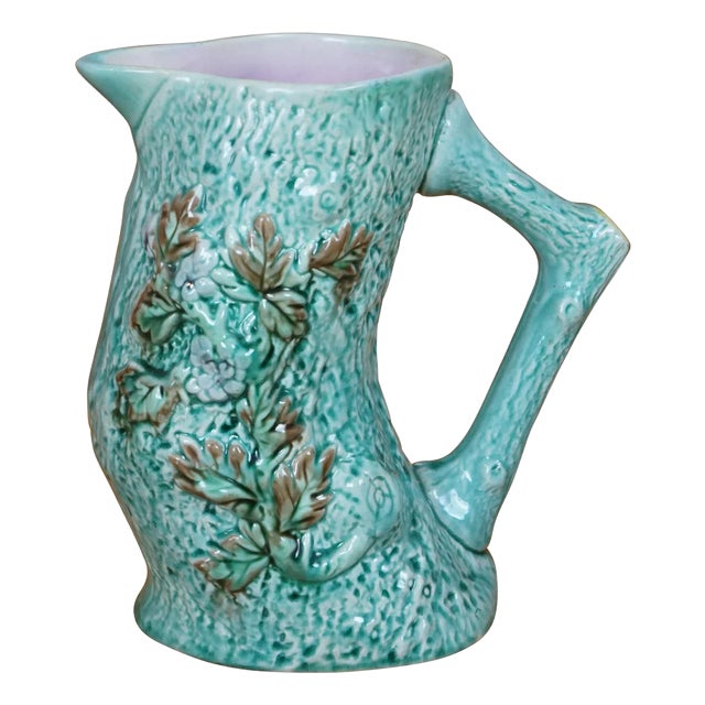 Antique Majolica Turquoise Adirondak Tree Trunk Log Branch Pitcher Jug For Sale