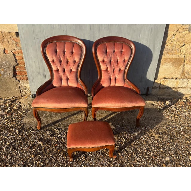 19th Century Louis-Philippe Style Armchairs and Pouf in Pink Velvet, Set of 3 For Sale - Image 10 of 12