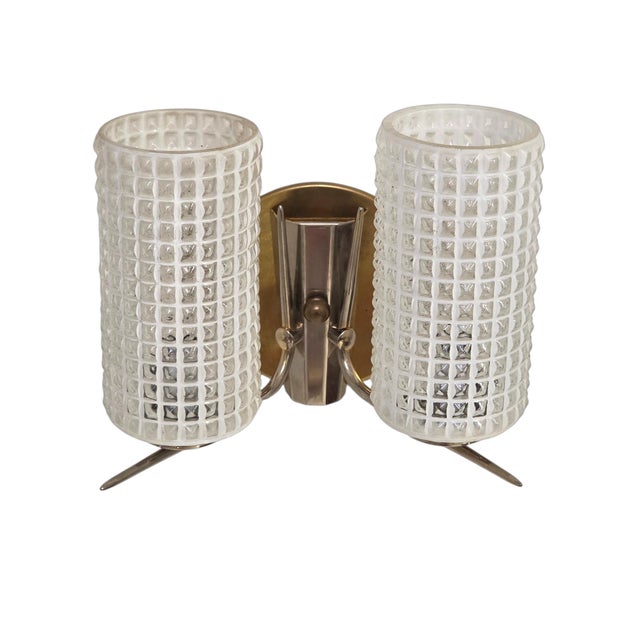 Vintage Enameled Glass, Brass and Nickel Two Light Wall Sconce For Sale - Image 4 of 11