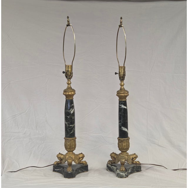 Vintage French Empire Neoclassical Style Marble and Gilt Bronze Table Lamps - a Pair For Sale - Image 12 of 14