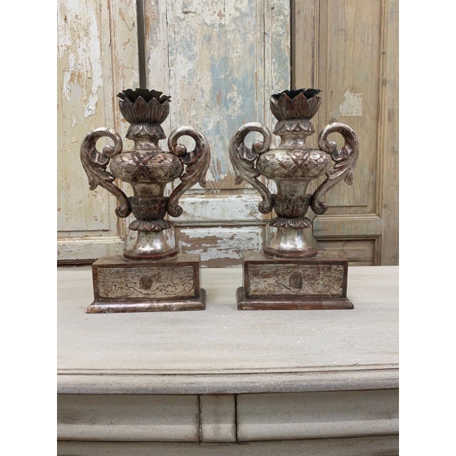 Wood Italian Tuscan Carved Wood Pedestal Candle Holders - a Pair For Sale - Image 7 of 7