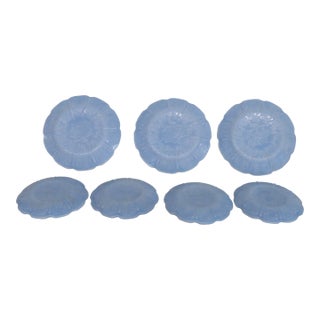 Jeannette Glass Cherry Blossom 7pc Set Saucers Junior Plates Pastel Blue 5051b For Sale