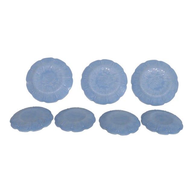 Jeannette Glass Cherry Blossom 7pc Set Saucers Junior Plates Pastel Blue 5051b For Sale