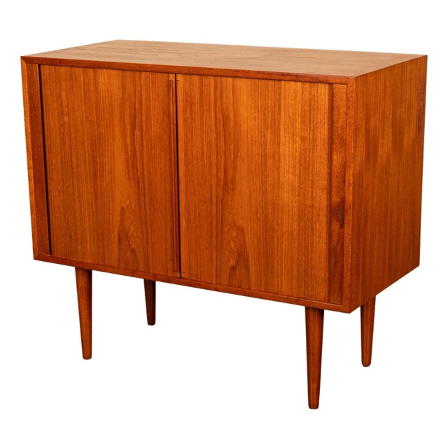 Danish Mid Century Modern Tambour Roll Front Teak Cabinet Kai Kristiansen Feldballes Møbelfabrik Circa 1960 For Sale