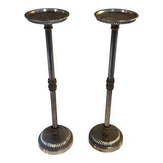 Candle Stick Arteriors Home Vintage Candlestick Holder Pewter Stainless Steel Silver Color Set of 2 For Sale
