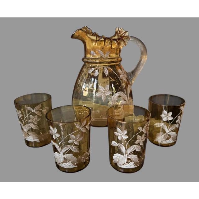 Antique Victorian Floral Enamel Decorated Art Glass Water Pitcher With 4 Glasses For Sale - Image 10 of 10