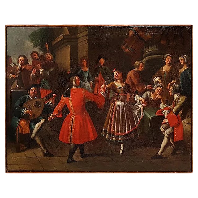 Pair of Scenes of Celebration with Musicians - Oil on Canvas - 18th Century 18th century For Sale