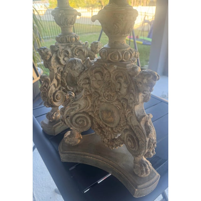 Pair of Antique 18th Century Parcel Paint and Gilt Wood Candlesticks 40 Inches For Sale - Image 10 of 12