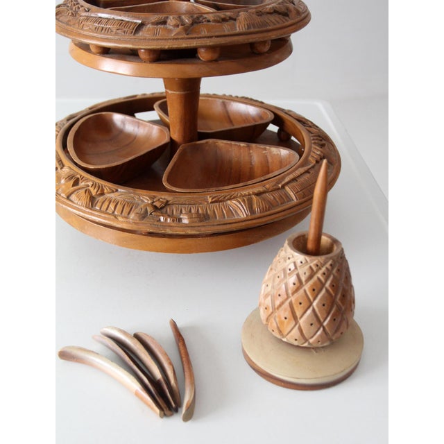 Brown Vintage Mid-Century Carved Wood Tiered Lazy Susan With Pineapple Finial For Sale - Image 8 of 17