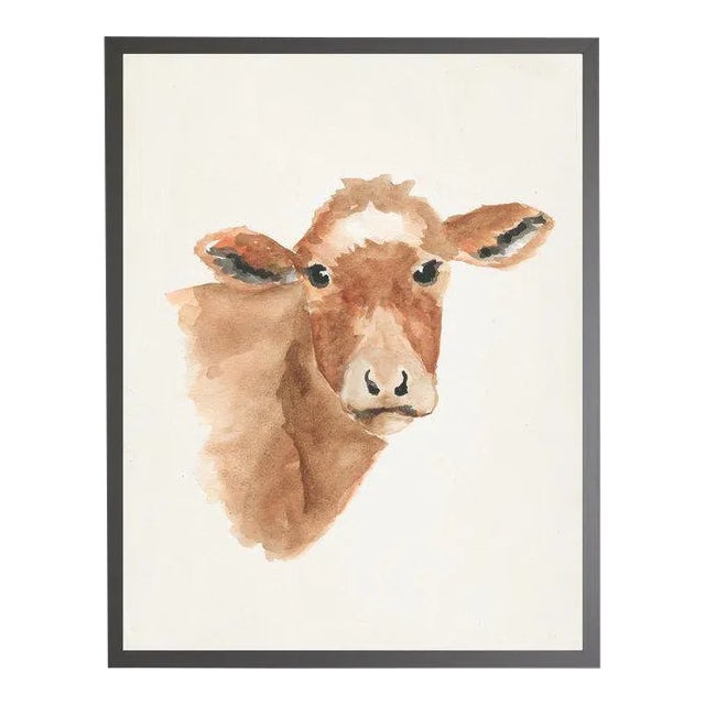 Watercolor Brown Cow Framed Print - 19" X 25" For Sale
