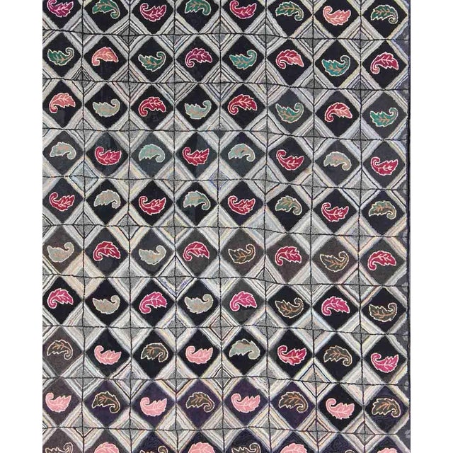 Measures: 9'2 x 12'1. Antique American Hooked rug with diamond patchwork geometric leaf design. Keivan Woven Arts / rug...