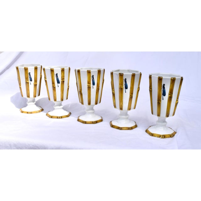 1970s Majolica Bamboo With Dragonflies Beverage Goblets S/11 For Sale In Philadelphia - Image 6 of 13