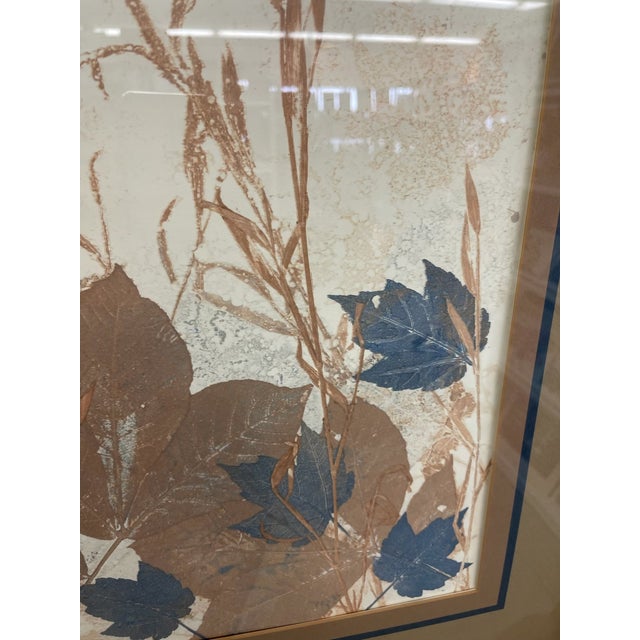 Vintage Framed Botanical Leaf Artwork With Blue and Brown Foliage Motif, Mid-Century Style Wall Art For Sale - Image 9 of 9