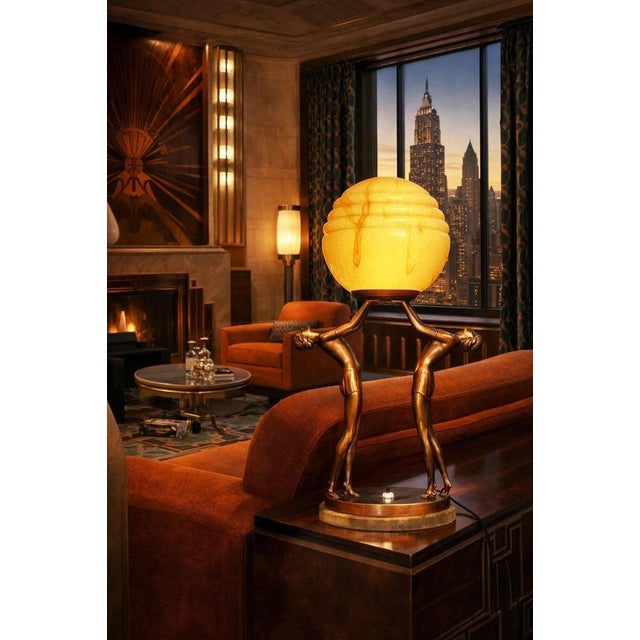 Glass Art Deco French Figural Dancer Table Lamp with Marble Base and Glass Globe, 1930 For Sale - Image 7 of 18