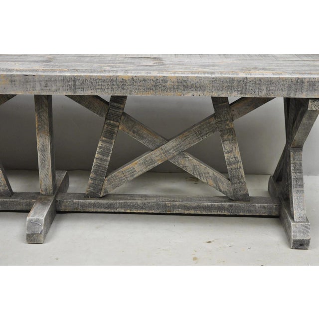 Late 20th Century Primitive Rustic 72" Long Wooden Distressed Gray Wash Criss Cross Trestle Bench For Sale In Philadelphia - Image 6 of 12