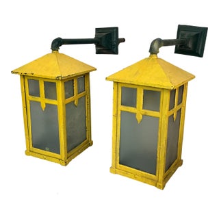 Antique Early 20th C. Aesthetic Movement Mission or Mackintosh Style Outside Iron Wall Lanterns - A Pair For Sale