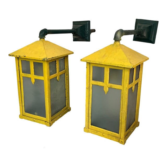 Antique Early 20th C. Aesthetic Movement Mission or Mackintosh Style Outside Iron Wall Lanterns - A Pair For Sale