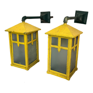 Antique Early 20th C. Aesthetic Movement Mission or Mackintosh Style Outside Iron Wall Lanterns - A Pair