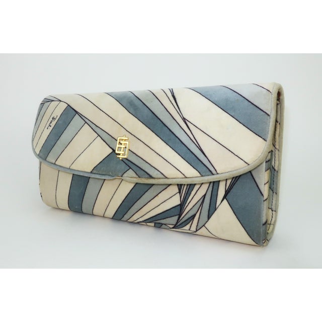 C.1970 Emilio Pucci velvet handbag with an iconic psychedelic print in shades of gray, bluish-gray, winter white and a...