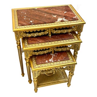 French Style Nesting Tables – Set of 3 Marble With Gold Leaf Details For Sale