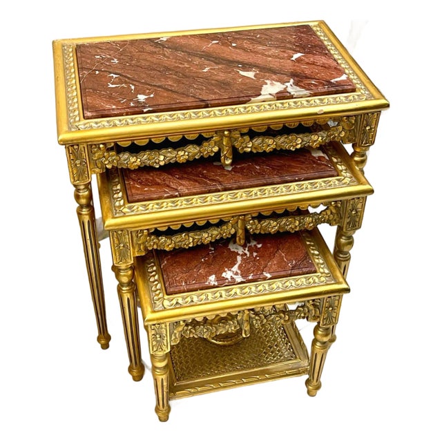 French Style Nesting Tables – Set of 3 Marble With Gold Leaf Details For Sale