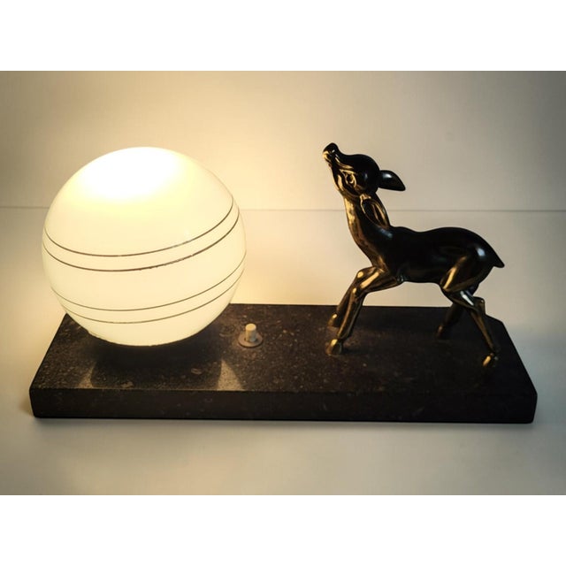 Metal Art Deco Night Light with Fawn Motif, Gilt Spelter and Blue Opaline Globe, France, 1930 For Sale - Image 7 of 8