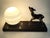Metal Art Deco Night Light with Fawn Motif, Gilt Spelter and Blue Opaline Globe, France, 1930 For Sale - Image 7 of 8