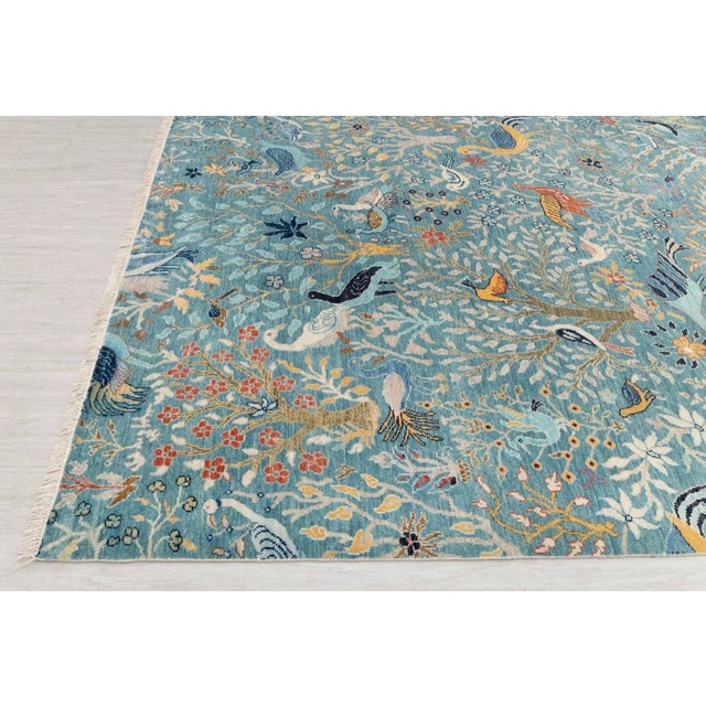Blue Peacock Birds Garden Scene Soft Hand Knotted Hand Spun Wool Rug 5x8Ft. For Sale - Image 6 of 18