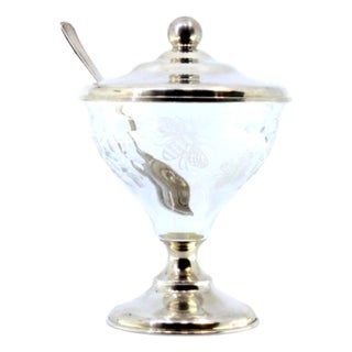 Silver Compote Dish with Spoon, Acid Etched Glass Core and Knob Lid, Set of 2 For Sale