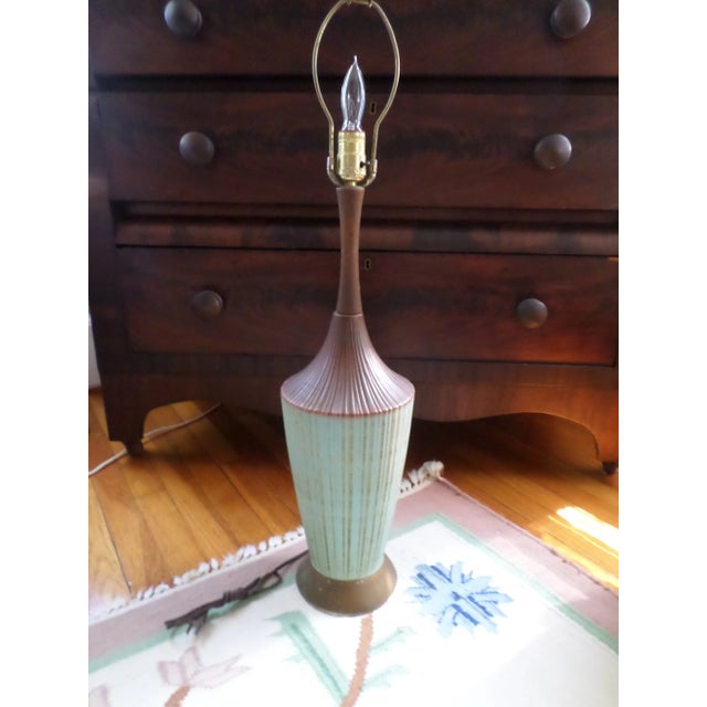 Mid-Century Modern Mid Century Danish Modern Green Striped Atomic Pottery Table Lamp For Sale - Image 3 of 13