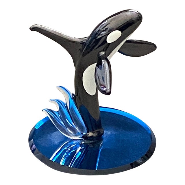 Vintage MCM Glass Baron Hand-Blown Orca Whale Miniature 2.5" Figurine For Sale