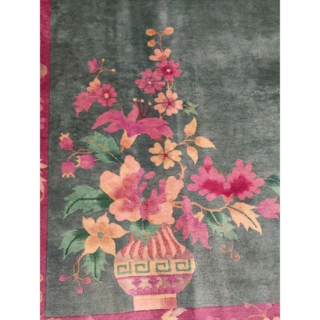 Early 20th Century 1920s Green Floral Antique Chinese Art Deco Rug 8'9" X 11'3" Handknotted Wool Carpet For Sale - Image 5 of 6