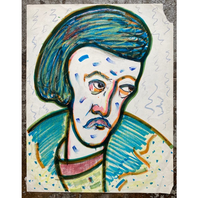 Marker and oil pastel portrait by Latvian artist Erika Romane (1920-2000). Romane was an educator and well known in artist...