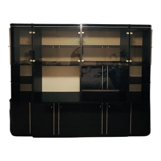 Gloss Black Lacquered Post Modern Four Piece Wall Cabinet Curio Office Storage Unit With Display Lights For Sale