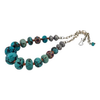Chunky Chinese Turquoise Bead Necklace With Sterling Silver Chain, 20 Inch For Sale