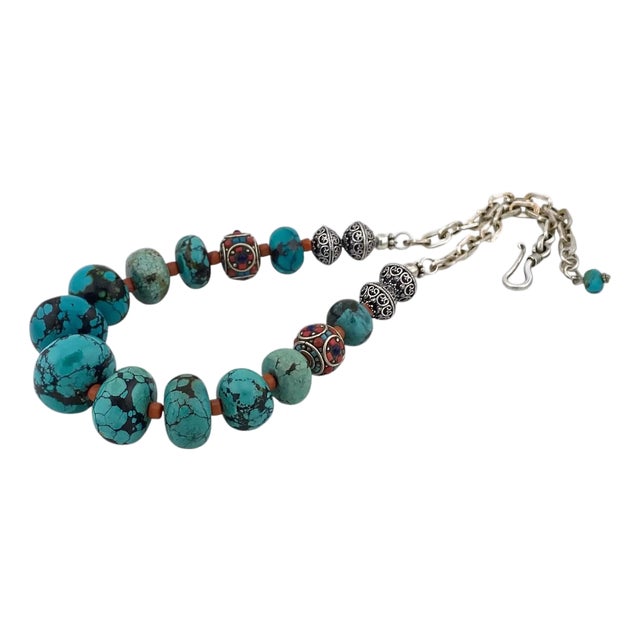 Chunky Chinese Turquoise Bead Necklace With Sterling Silver Chain, 20 Inch For Sale