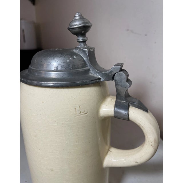 Antique 1Ltr. Early 1800's German Pottery Pewter Lidded Beer Stein Mug Tankard For Sale - Image 9 of 13