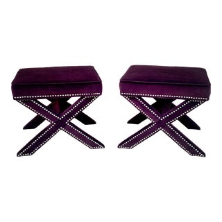 Modern X Style Benches in Plum Color Velvet - a Pair For Sale