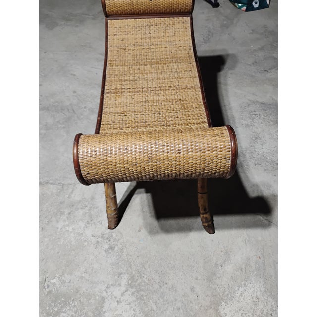 Mid-Century Modern Mid Century Modern 1960s Egyptian Revival Burnt Bamboo Wicker and Rattan Scroll Arm Bench or Side Table For Sale - Image 3 of 3