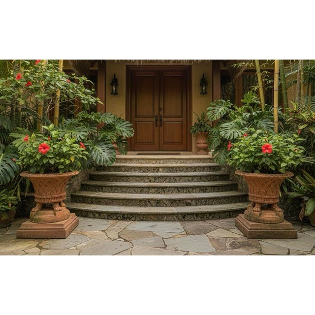 Pair of Large 31" Basket Weave Stone Urn Planters With Lion Paw Feet For Sale - Image 9 of 11