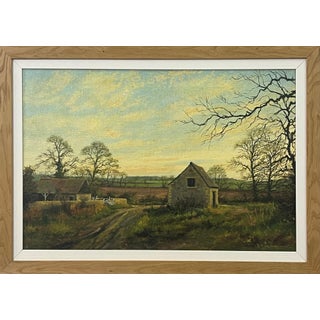 Old Barn Scene of a Farm in the English Countryside by British Landscape Artist 1980 Circa For Sale