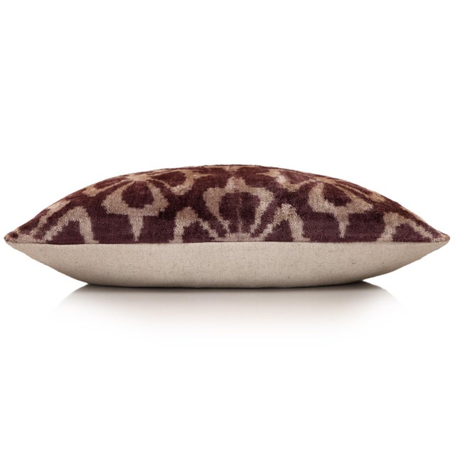 Textile Luxury Silk Velvet Ikat Pillow in Mulberry and Cream 16x24 Inch With Down Feather Insert For Sale - Image 7 of 8