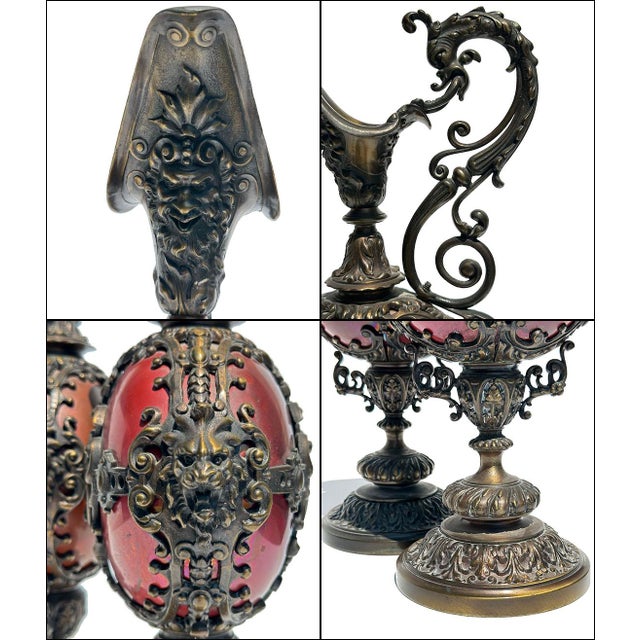 Brass 19thC Antique Ornate Brass Commemorative European Decorative Ewers-Set of Two For Sale - Image 8 of 10