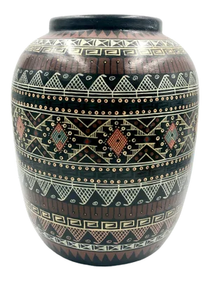 Post Modern 80s Clay Ceramic Vase Large Black Hand Drawn Geometric Patterns Vintage African Tribal