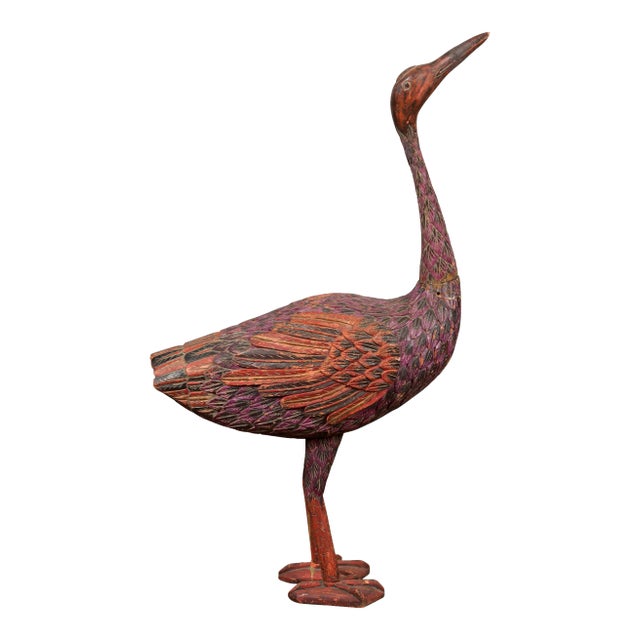 Indonesian Hand Carved Heron Sculpture with Purple, Orange and Black Tones For Sale
