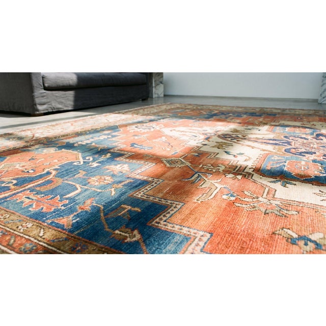 Textile 1880s Red Blue Geometric Antique Serapi Rug 12'6" X 14'6" Handknotted Wool Carpet For Sale - Image 7 of 8